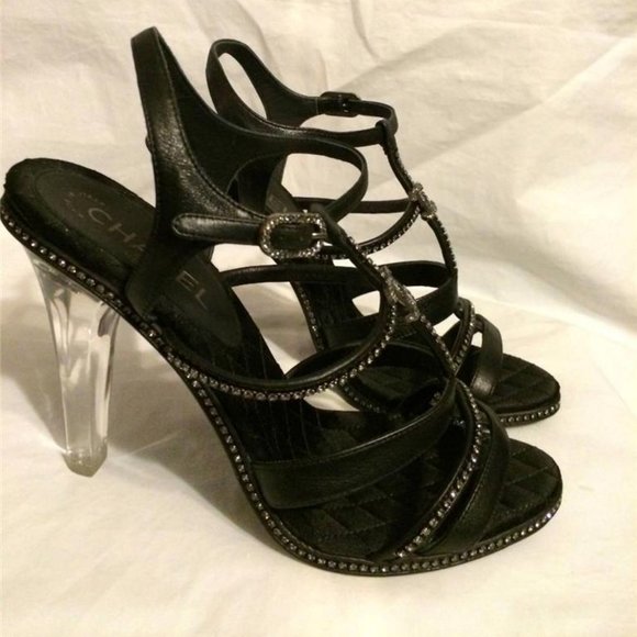 CHANEL 14C Leather Crystal Jewel CC Strappy Sandal Lucite PVC Heel Shoes - Picture 7 of 12